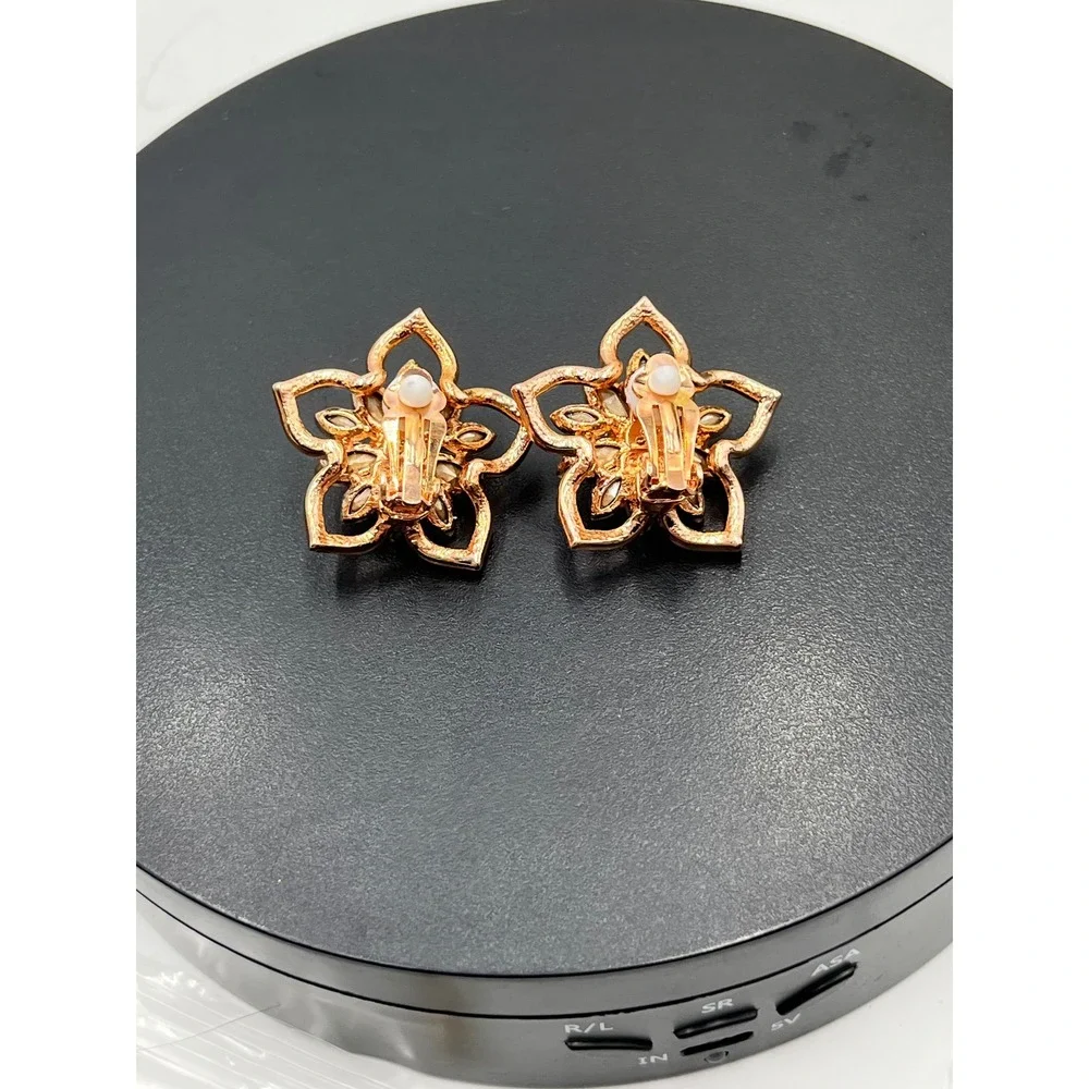 Joan Boyce JB Vintage Rose Gold Blooming Floral Pink Rhinestone CZ Clip Earrings